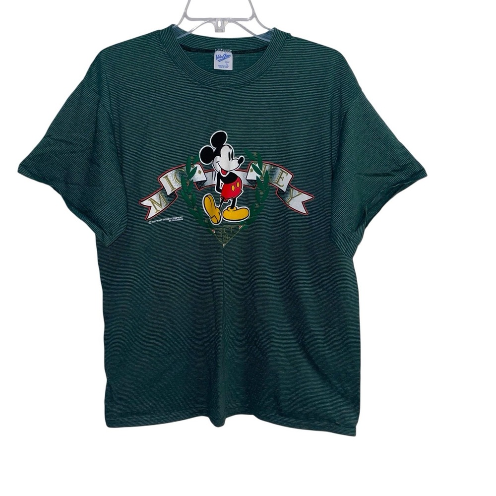Vintage Velva Sheen Mickey Mouse‎ Disney T-Shirt Green Striped USA Size L 90s
